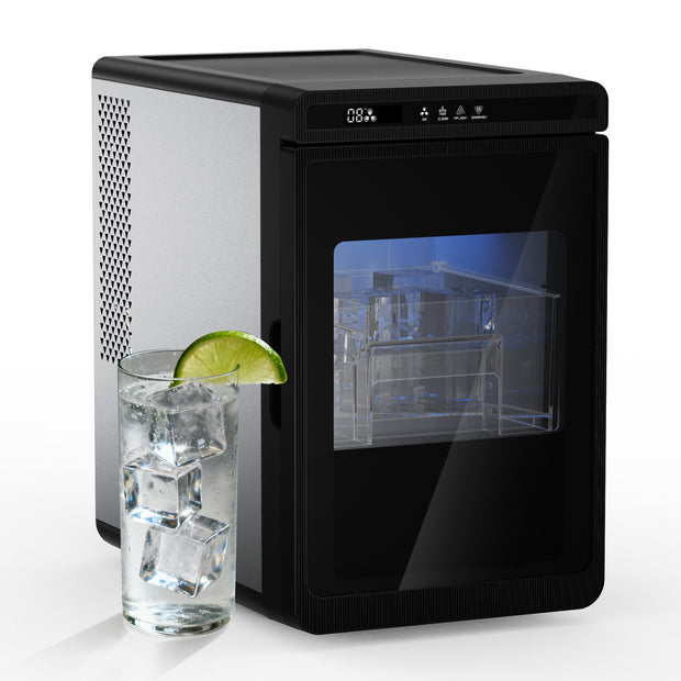 Portable northair ice maker with a glass of water and lime wedge on a white background