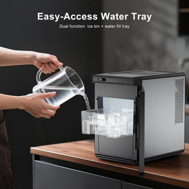 Person pouring water from a clear pitcher into an ice maker with text 'Easy-Access Water Tray' and 'Dual function: ice bin + water fill tray'.
