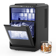 Northair ice maker with open door showing ice cubes and a glass of whiskey on a white background