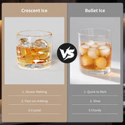 Comparison between Crescent Ice and Bullet Ice in a glass of whiskey.