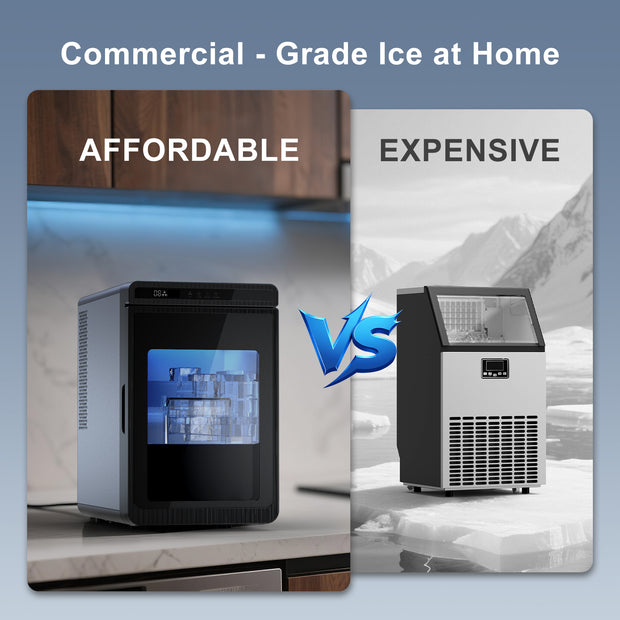 Comparison of affordable and expensive ice-making machines with text 'Commercial-Grade Ice at Home' above.