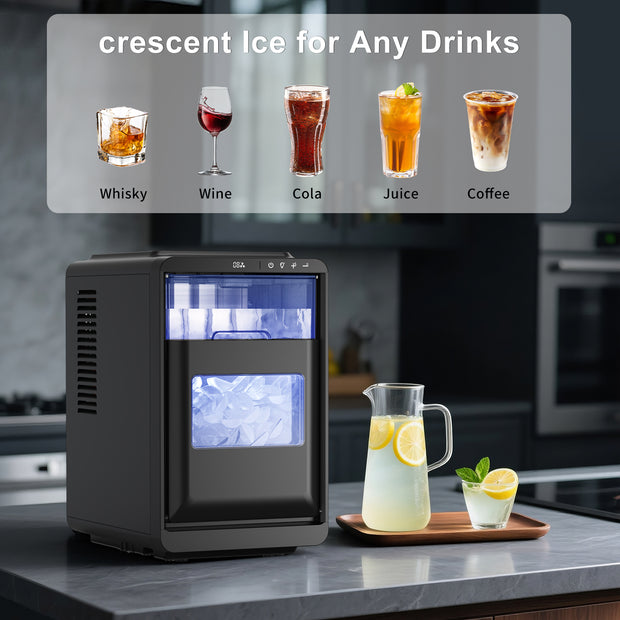 Ice maker on a kitchen counter with various drinks displayed above it.