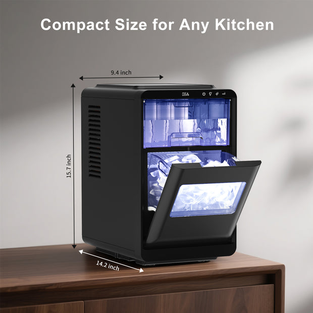 Compact black ice maker  on a wooden surface with dimensions displayed.