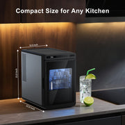 Compact ice maker on a kitchen counter with dimensions and a drink beside it.